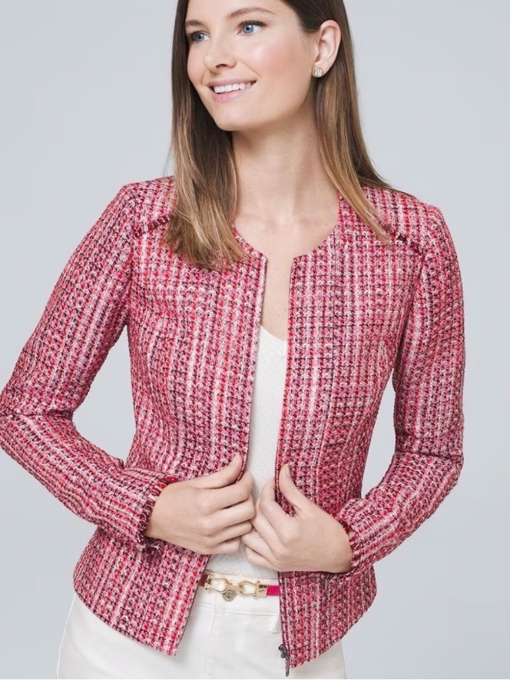White House Black Market Pink Red White Tweed Moto Blazer Jacket